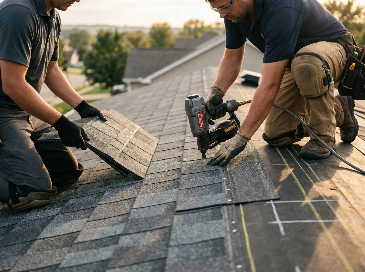 Professional roofer working on a residential roof in Fort Rucker